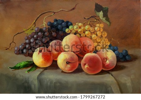 ripe juicy peaches and grapes on the table,handmade painting, oil painting on canvas, fine art, still life, food, vegetarian, dessert, fruit ストックフォト © 