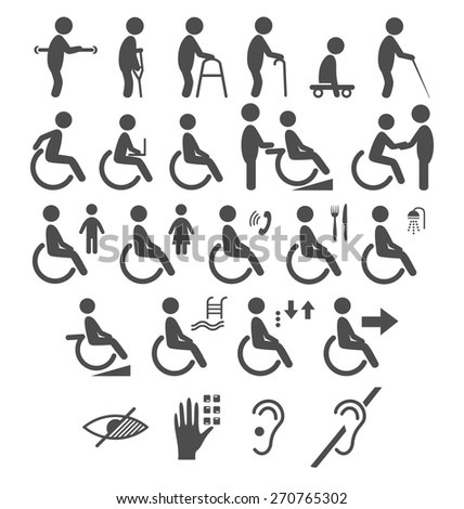 Set of disability people pictograms flat icons isolated on white background