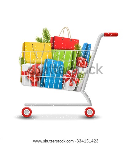 Christmas Winter Sale Shopping Cart with Bags Gift Boxes and Pine Branches Isolated on White Background