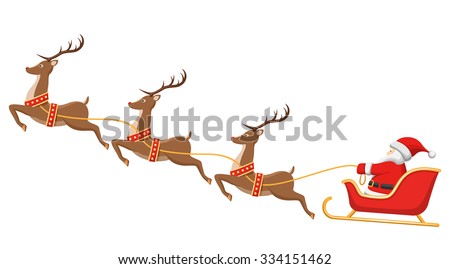 Santa on Sleigh and His Reindeers Isolated on White Background
