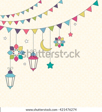 Muslim Holiday Ramadan Kareem Generous Month Flat Card with Buntings and Lanterns on Beige Background