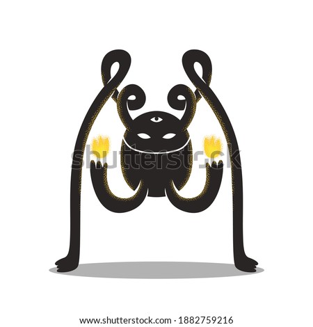 Character design of a flaming monster with long twisted legs and three eyes. Illustration sticker for print.