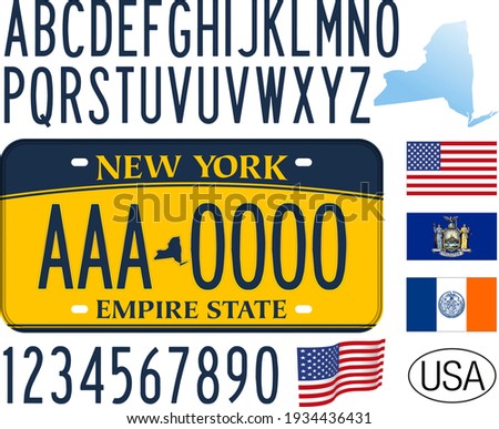 New York federal state car license plate, letters, numbers and symbols, vector illustration, USA