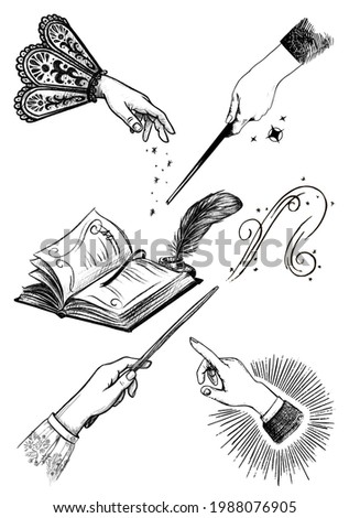 Hands in vintage style. Magic wands. Magic. Fairy tale. A textbook with a pen. Sparks.