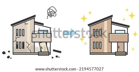 Illustration of a house damaged by a disaster and a restored house