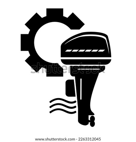 Vector illustration, logo, web icon of outboard motor and gears. Isolated on a white background.
