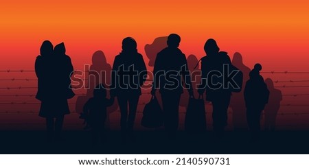Refugees. People are being evacuated from the war zone. Silhouette. Vector image.
