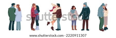Hugging couples in winter clothes. A man and a woman in love, a happy family on a walk. Winter romance. Flat. Set of vector illustrations.