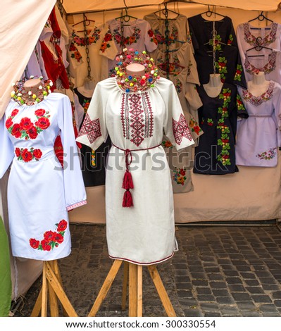 CHERNIVTSI, UKRAINE - JUL 11, 2015: Petrovsky fairs in Chernivtsi. Ukrainian national clothes. The photo was taken during a visit to the annual fair in Chernivtsi.