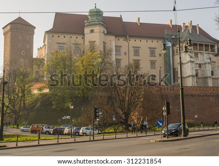 KRAKOW, POLAND - NOV 04, 2014: View of the Wawel castle walls from the city. Castle where lived the Polish kings.  Picture taken during a trip to Krakow.