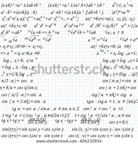 Mathematical formulas drawn on a squared sheet of notebook. Vector illustration.