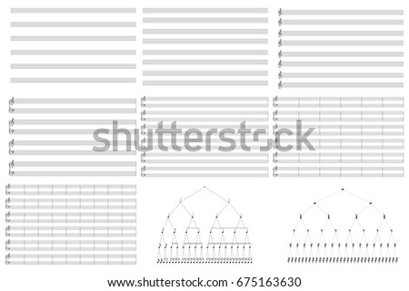 Music blank note stave. Vertical music books. Musical pause duration scheme. Musical note duration scheme. 