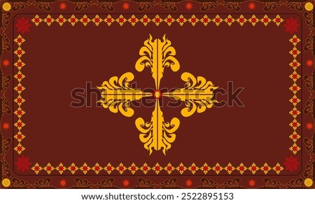 Native art patterns and Indian textile designs blend geometric shapes and nature symbols on a vivid red carpet. The deep red background enhances the strength and energy of the intricate patterns.