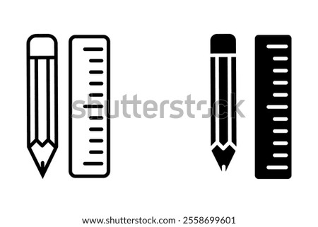 Pencil and ruler icon in trendy outline and black style design. Vector graphic illustration. Pencil and ruler icon for website design, app, logo, and ui. Vector file.