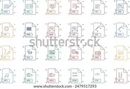 Set of file type icon in outline detailed style