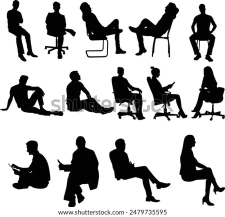 Set of people sitting silhouette illustration. Person pose while sit down