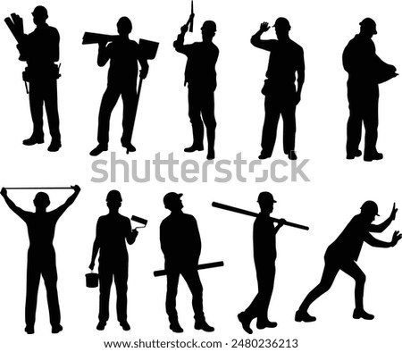 Set of construction worker silhouette illustration. Men doing outdoor activity. Construction worker pose wearing safety helmet