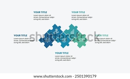 Modern infographic template with 5 options. Business presentation design with puzzle illustration.