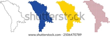 Moldova map in outline, blue color, yellow color, dotted style.