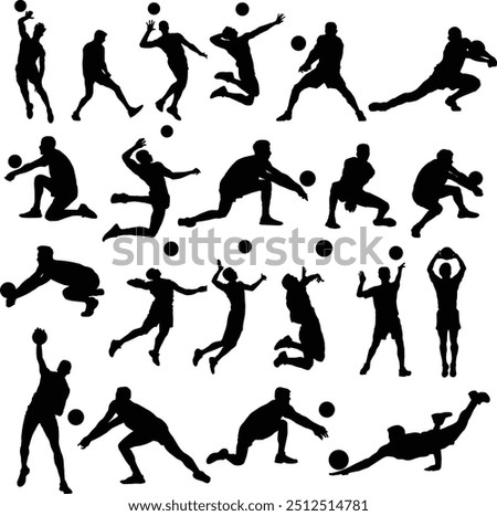 Set of men volleyball player silhouette illustration. People pose when playing volleyball.