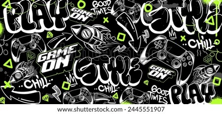 Gaming background vector and illustrations. Retro video game elements in graffiti style