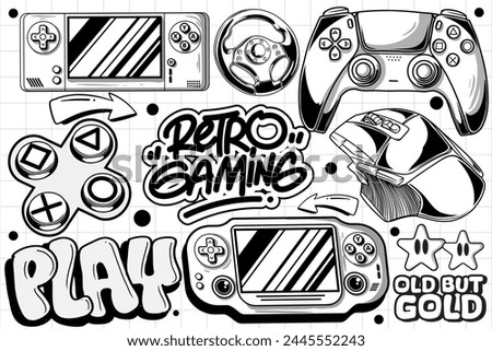 Gaming retro set of objects. Classic retro console gaming illustration in graffiti style