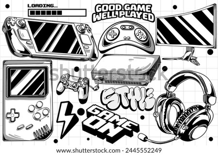 Gaming retro set of objects. Classic retro console gaming illustration in graffiti style