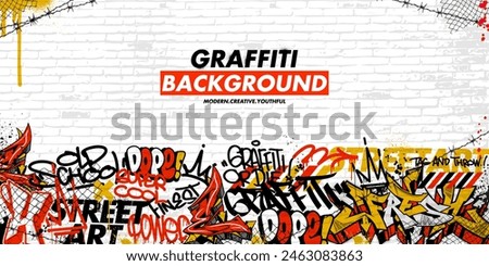 Graffiti art background with throw-up and tagging hand-drawn style. Street art graffiti urban theme in vector format.