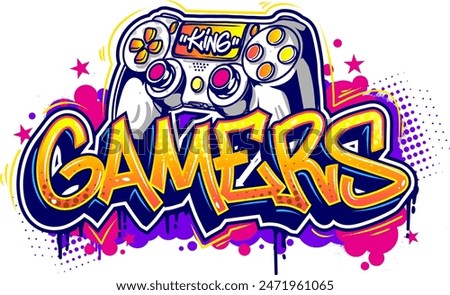 Gamer graffiti background vector wall art illustration. Retro video game elements in graffiti style