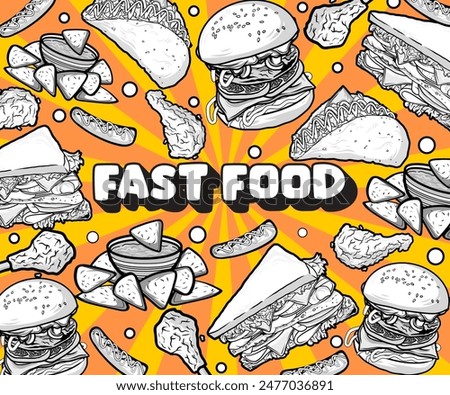 Fast food vector illustration. A Set of hand drawn fast food background illustrations