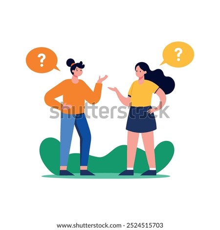 Two people, a man and a woman, are depicted in a cartoon style, standing outdoors and having a conversation. They are both gesturing with their hands and have question marks above their heads, suggest