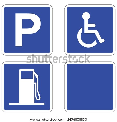 Set of road sign or parking sign, disabled icon, Gas station symbol and blank board.