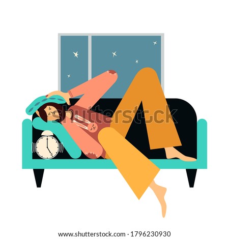 Tired woman lying in her bed early in the morning. Sleepless female wake up with tired face. Girl is lying in the bed with pillow on her head.