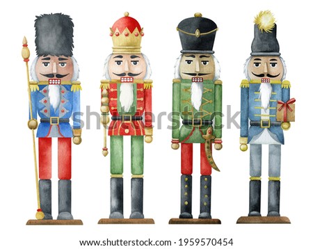 A watercolor set of four hand-drawn nutcracker soldiers. A Christmas card. Winter holidays.
