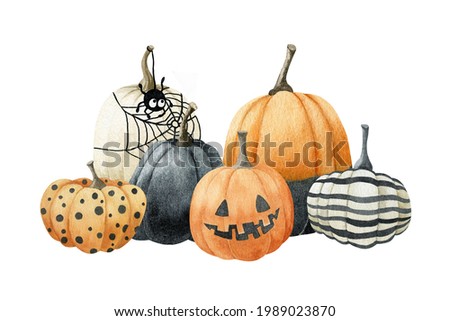 Watercolor composition of pumpkins. Halloween. Autumn illustration. Halloween Greeting Card.
