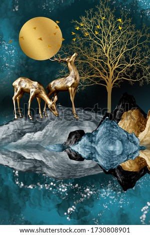 3d illustration of golden deer in the mountain. Luxurious abstract art digital painting for wallpaper
