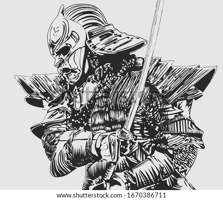 Samurai illustration. Ninja, black and gray.