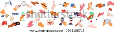 Set of colorful hands holding different objects, lock, key, money, devices, tablet, credit cards, scissors, calculator, pencil, 
paintbrush, Colored flat graphic vector illustration isolated on white