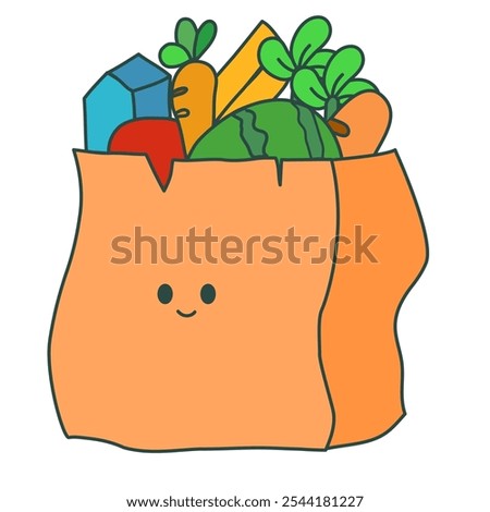 Smile face Vegetables bag brown color full off vegetarian food healthy food. Watermelon carrot milk tomatoes