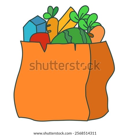 Illustration of vegetables bag brown color full off vegetarian food healthy food. Watermelon carrot milk tomatoes