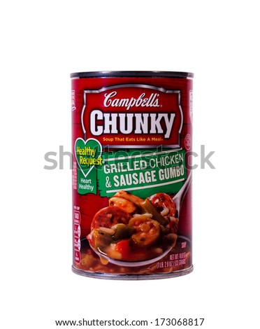 RIVER FALLS,WISCONSIN-JANUARY 25,2014: A can of Campbell\'s Chunky style soup. Campbell soup is located in Camden, New Jersey and their products are sold in over 120 countries.