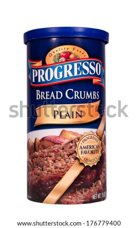 RIVER FALLS,WISCONSIN-FEBRUARY 15,2014: A can of Progresso bread crumbs. Progresso is a brand of General Mills. It is an American company that produces soups,broths,and other food products.