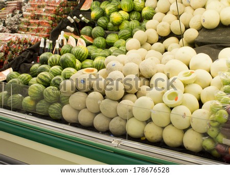RIVER FALLS,WISCONSIN-FEBRUARY 25, 2014: Fresh melons displayed at a local market in River Falls, Wisconsin