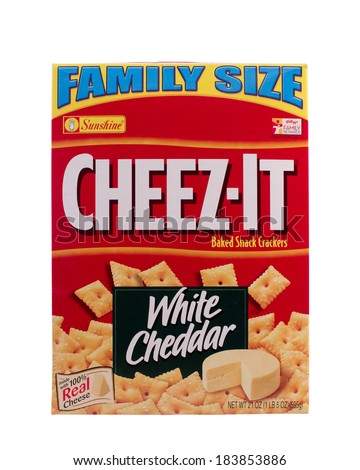 RIVER FALLS,WISCONSIN-MARCH 26, 2014: a box of Cheez-It White Cheddar Snack Crackers. Cheez-Its are distributed by Sunshine Biscuits LLC of Elmhurst,Illinois.