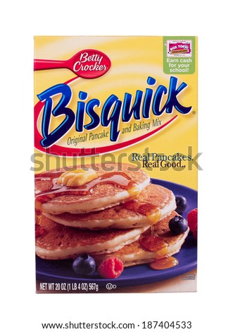 RIVER FALLS,WISCONSIN-APRIL 15, 2014: A box of Bisquick Pancake Mix. Bisquick is a pre-mixed baking product sold by General Mills under their Betty Crocker brand.