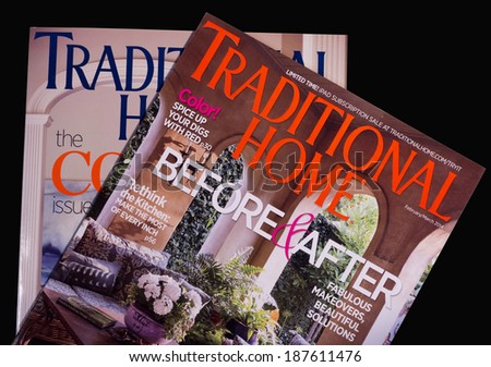 RIVER FALLS,WISCONSIN-APRIL 16, 2014: Two issues of Traditional Home Magazine. Traditional Home is published eight times a year by Meredith Corporation of Des Moines,Iowa.