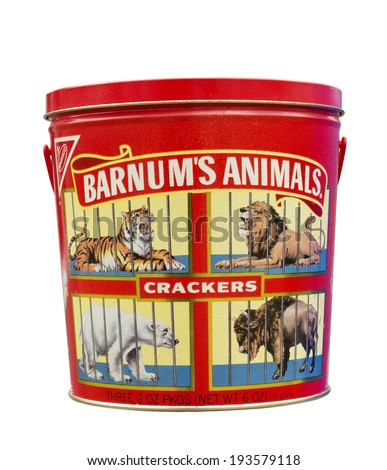 RIVER FALLS,WISCONSIN-MAY 19, 2014: A vintage tin of Barnum\'s Animal Crackers. This is a product of Nabisco of East Hanover,New Jersey.