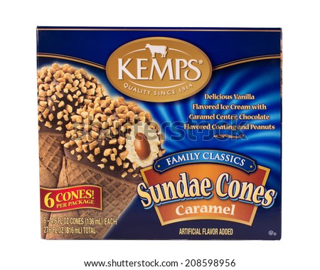 RIVER FALLS,WISCONSIN-AUGUST 02,2014: A box of Kemps caramel flavored sundae cones. Kemps is an ice cream and dairy company headquartered in Eau Claire,Wisconsin.