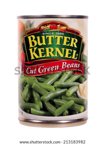 RIVER FALLS,WISCONSIN-AUGUST 25,2014: A can of Butter Kernel Cut Green Beans. Green beans are often steamed,boiled,or baked in casseroles.