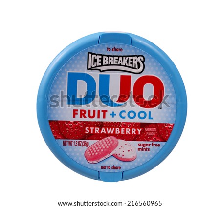 RIVER FALLS,WISCONSIN-SEPTEMBER 10,2014: A tin of Ice Breakers,Duo strawberry mints. These mints are a product of The Hershey Company.